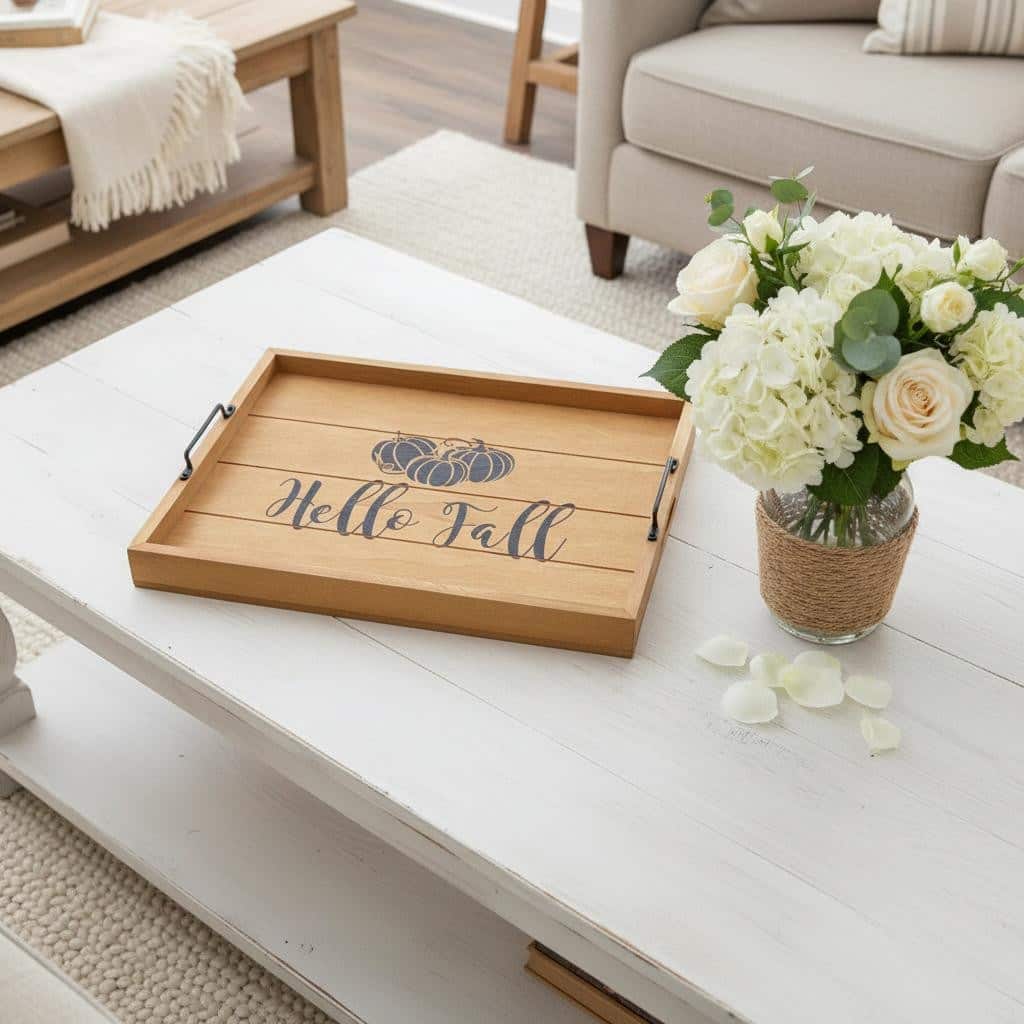 HomeRoots 16" Natural And Black Hello Fall Serving Tray With Handles - 15.50 in. x 2.25 in. x 12.00 in.