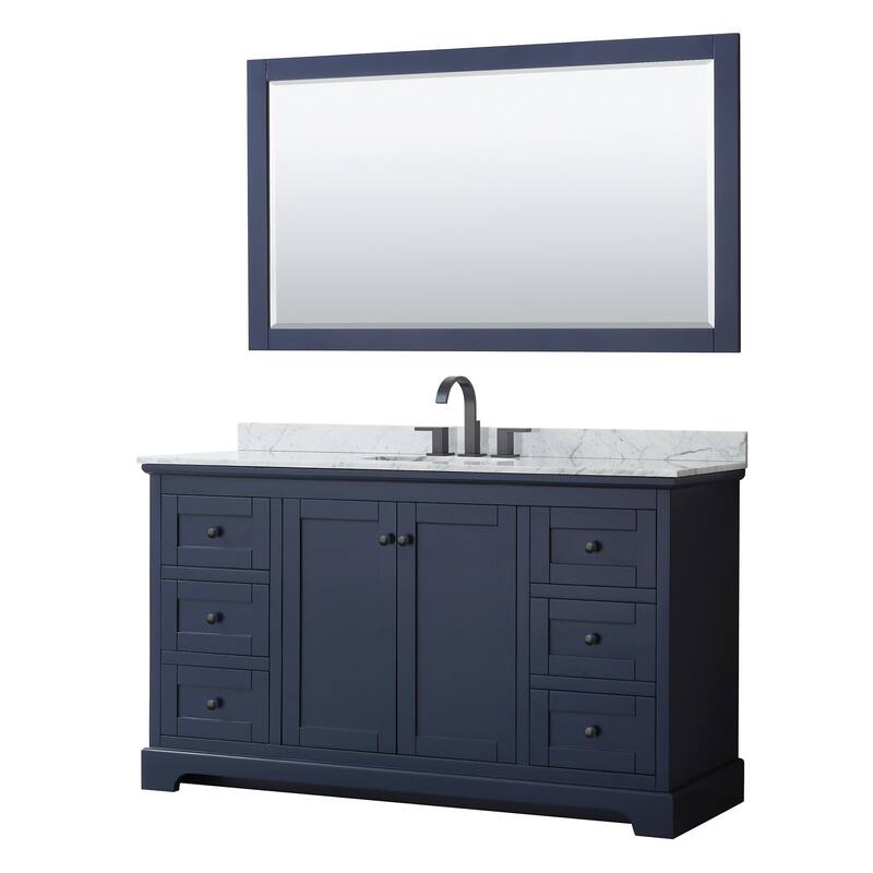 Wyndham Collection Avery 60" Free Standing Single Basin Vanity Set - Dark Blue / White Carrara Marble Top / Matte Black - Painted