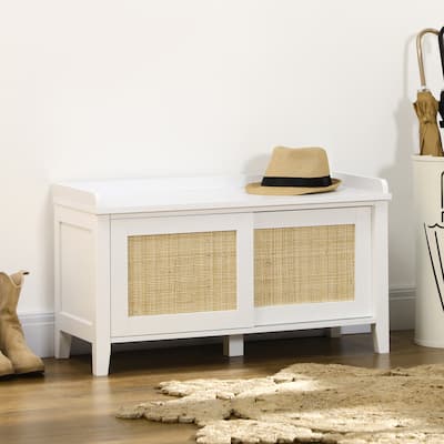 White Rattan Shoe Storage Bench with Sliding Doors and Pine Wood Legs for Entryway or Hallway - 31.5" W x 13.75" D x 17.75" H