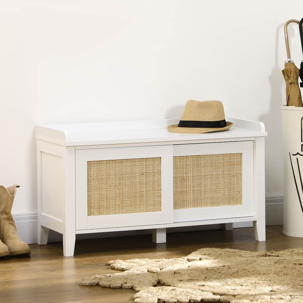 White Rattan Shoe Storage Bench with Sliding Doors and Pine Wood Legs for Entryway or Hallway - 31.5" W x 13.75" D x 17.75" H