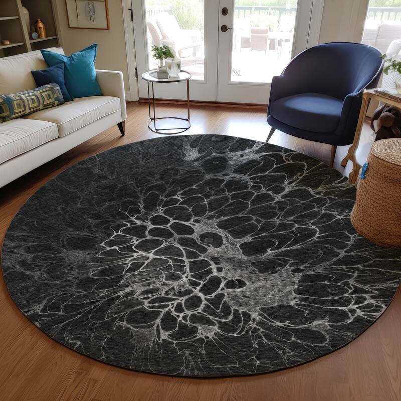 Machine Washable Indoor/ Outdoor Chantille Modern Floral Rug - Charcoal - 8' x 8'