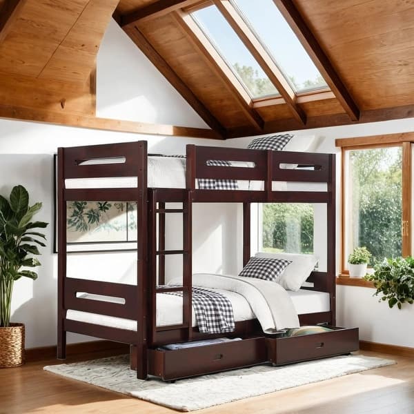 slide 2 of 7, Artsy Twin over Twin Bunk Bed with Removable Ladder, Hanger and 14+14 Slat System, Space-Saving Knock-Down Design, Espresso Espresso