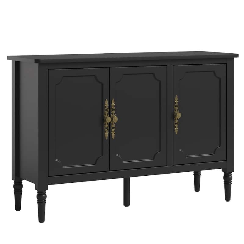 Black 3-Door Storage Cabinet with Adjustable Shelves and Turned Legs