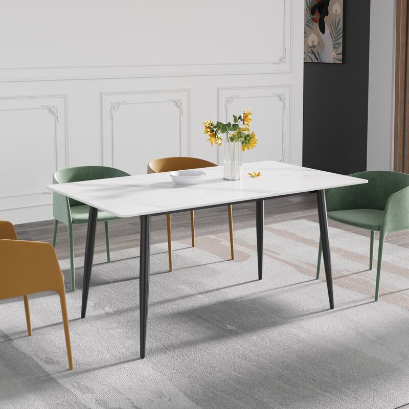 Rectangle Marble Dining Table Set for 6 With Metal Black Legs