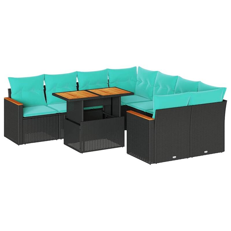 vidaXL 9 Piece Patio Sofa Set with Cushions Black Poly Rattan - 21.7 x 24.4 x 27.2