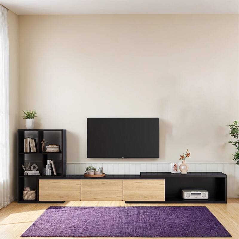 Extendable TV Stand with 3 Tier Bookshelves,Entertainment Center