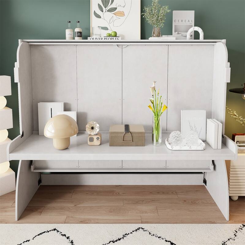 Full Size Murphy Bed Wall Bed with Desk, Folding Murphy Cabinet Bed with Storage Shelves, Space Saving Design Murphy Bed Chest