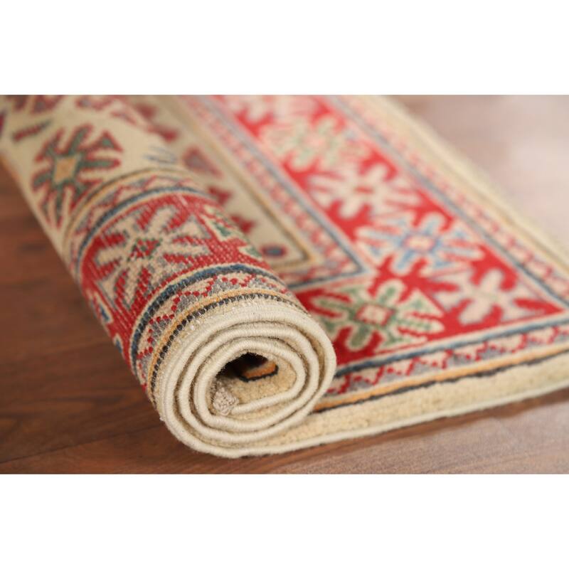 Hand Knotted Oriental 100% Wool Carpet Traditional Geometric Yellow & Gold Kazak Area Rug - 2' 10'' X 2' 1''
