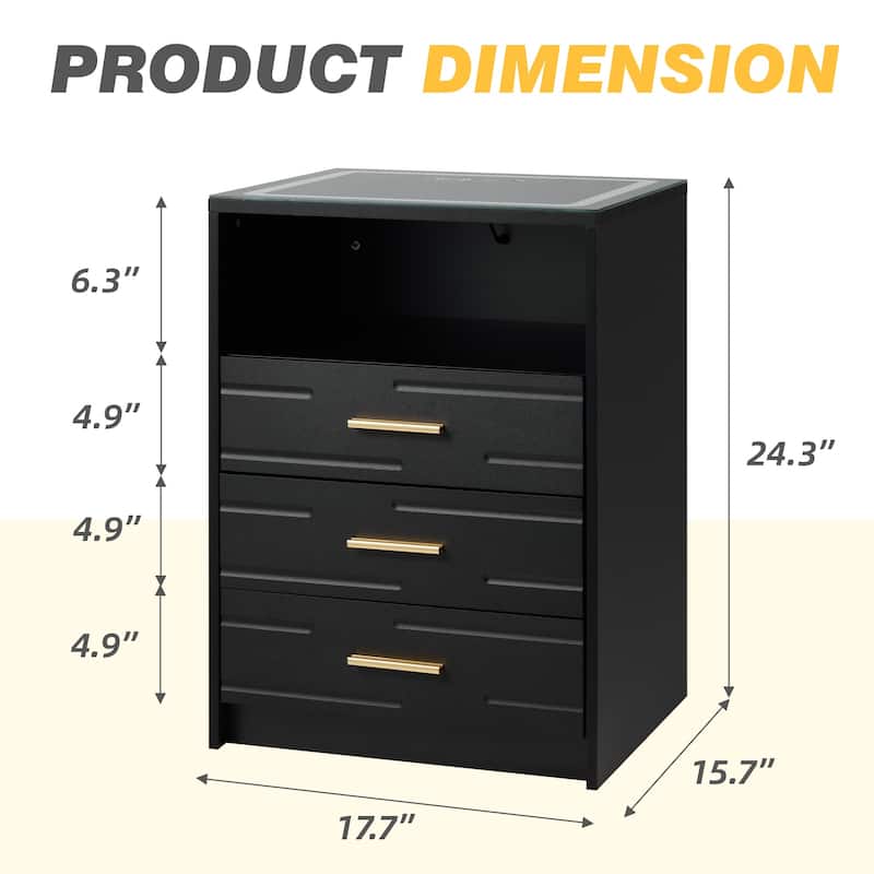 EROMMY Smart Nightstand with Wireless Charging, USB Ports, and Adjustable LED Lighting – Modern Bedside Table with 3 Drawers