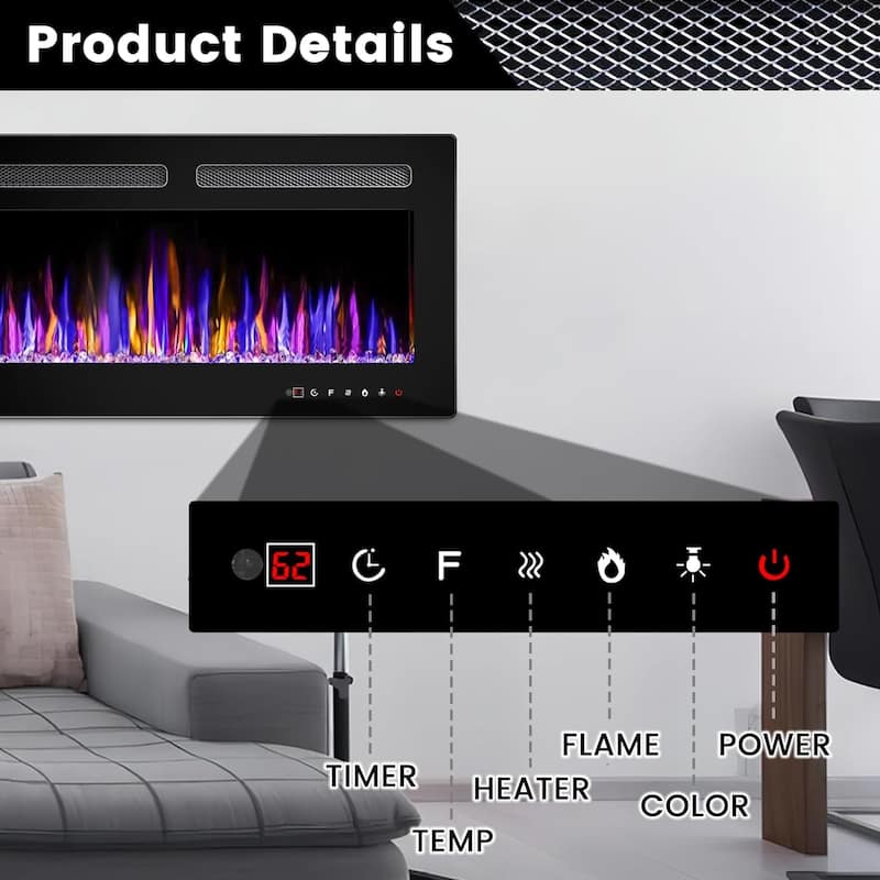 BOSSIN Electric Fireplace Wall Mounted and Recessed with Remote Control, 750/1500W Ultra-Thin Wall Fireplace Heater, Low Noise