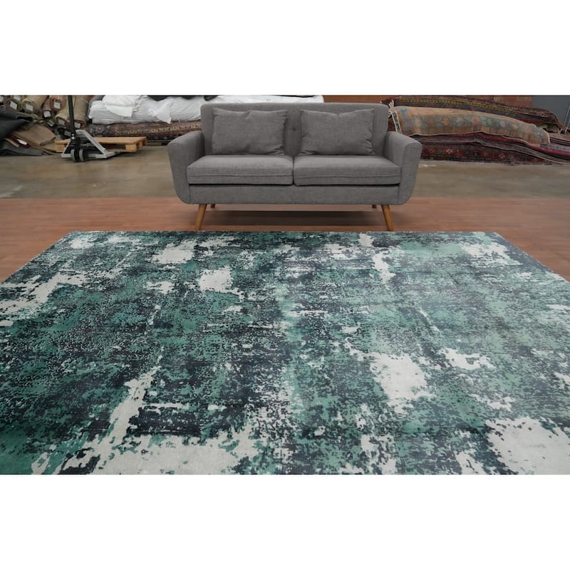 Hand Knotted Oriental Viscose Silk Carpet Modern Abstract Green Abstract Area Rug - 9' 10'' X 6' 0''