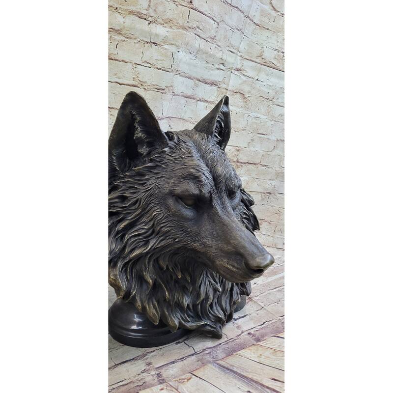 Wall Mounted Hanging Wolf Head Bust Bronze Sculpture Decor Signed Original Art