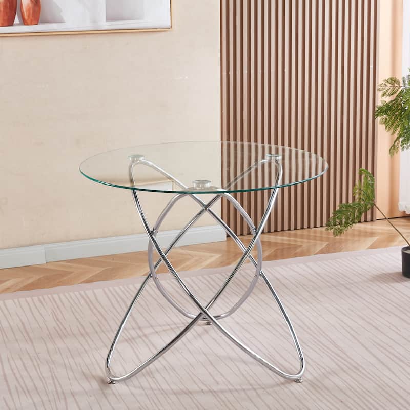 Dining Table with Tempered Glass Top & Metal Legs, Modern Round Kitchen Table for 2-4 People, Coffee Table for Small Space - Chrome