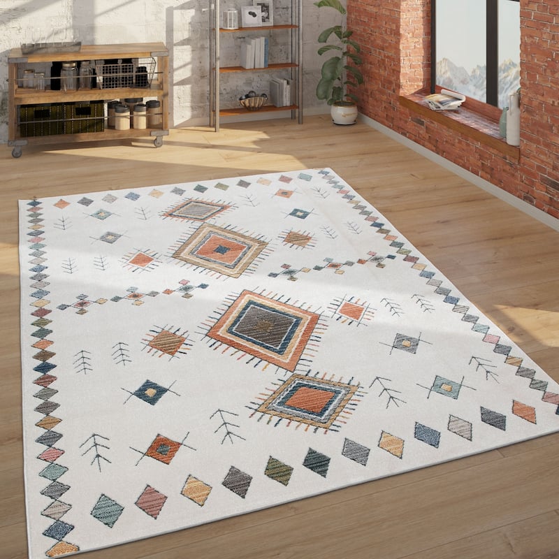 Ethnic Design Rug in Cream with Traditional colorful Patterns - 7'10" x 11'2"
