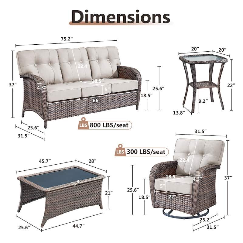 TWrap 5-Piece Patio Brown Wicker Sofa Conversation Set with 5-Inch Thick Cushions