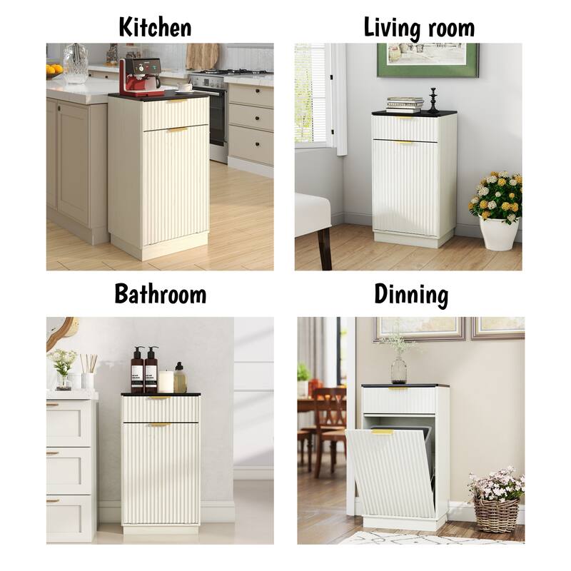 Homy Casa Farmhouse Double Tilt-Out Trash Cabinet, 20/10 G Recycling Bin, Barn Door Laundry Sorter with Drawer, Kitchen Tilt Out