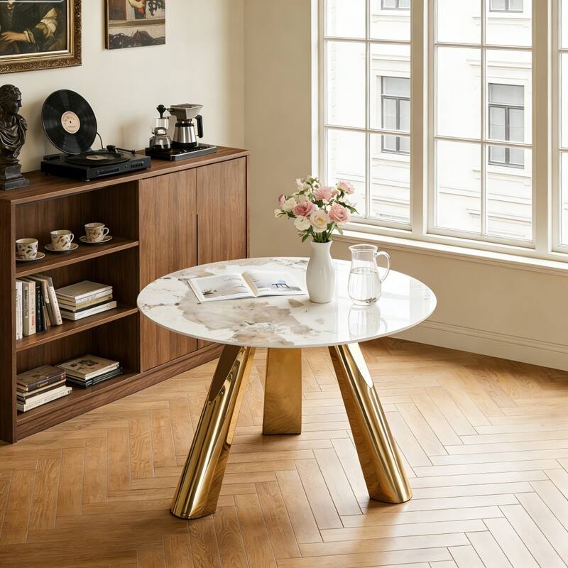 Round Dining Table, Kitchen Table with Stainless Steel Legs, Round Coffee Table Bistro Table for Dining Room - Gold+White
