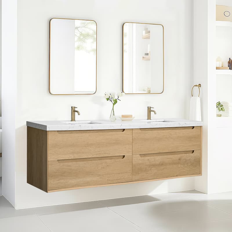 24"36"48"60"72"84" Floating Bathroom Vanity with Engineered Top Rectangulare Sink Solid Wood