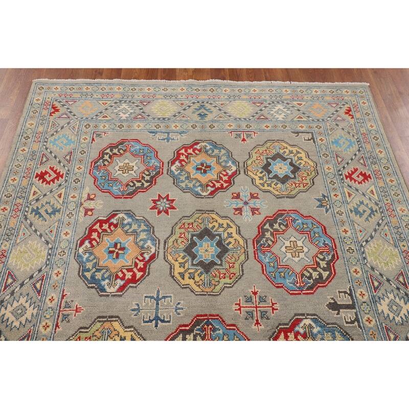 Geometric Grey Kazak Oriental Area Rug Handmade Wool Carpet - 4'10" x 6'11"