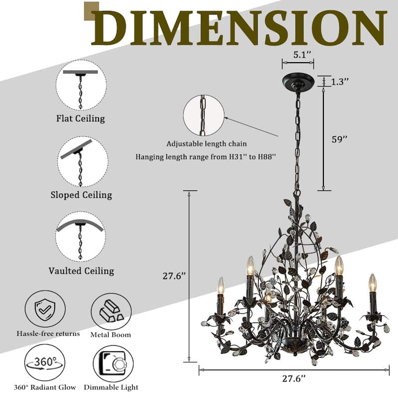 Contemporary 3/6-Light Dark Bronze Leaf Chandelier Elegant Interior Lighting With Crystal Accents For Dining Room Foyer