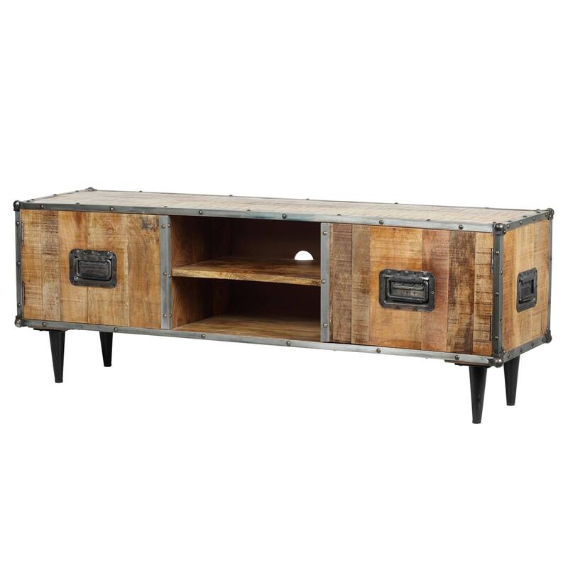 ExBrite Solid Wood Media Console 2 Doors Back Black Metal Legs for TV Table Bench Stand,Rich Rustic Oak Finish