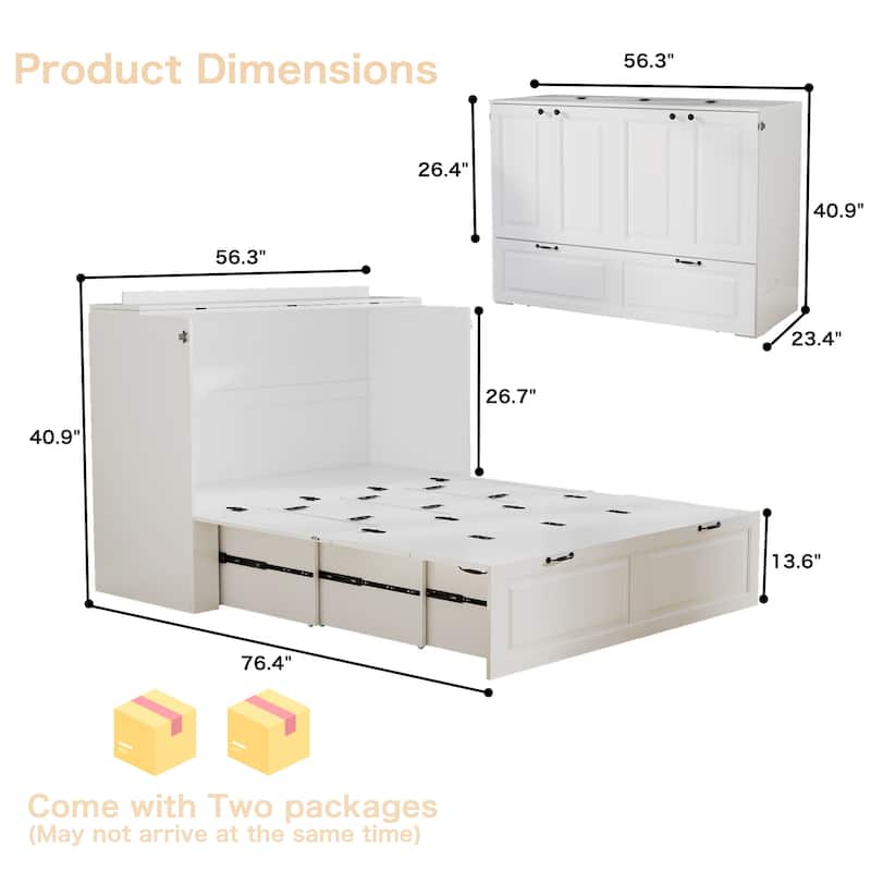 Murphy Bed Cabinet with Charging Port and Storage Drawer, White