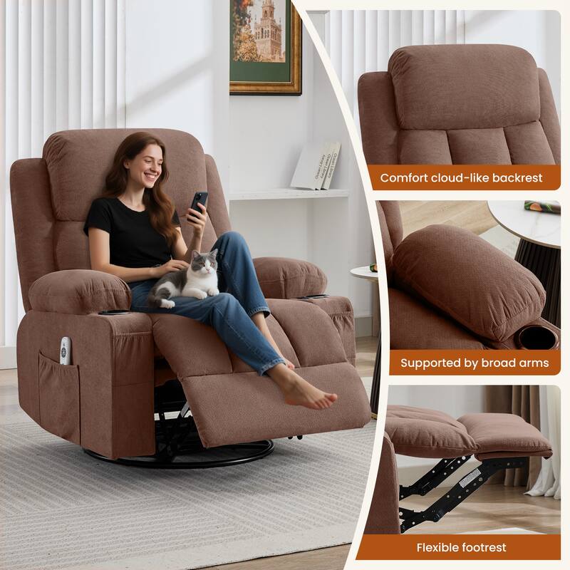 Swivel Rocker Recliner with Vibration Massage Heat USB Port Cup Holders