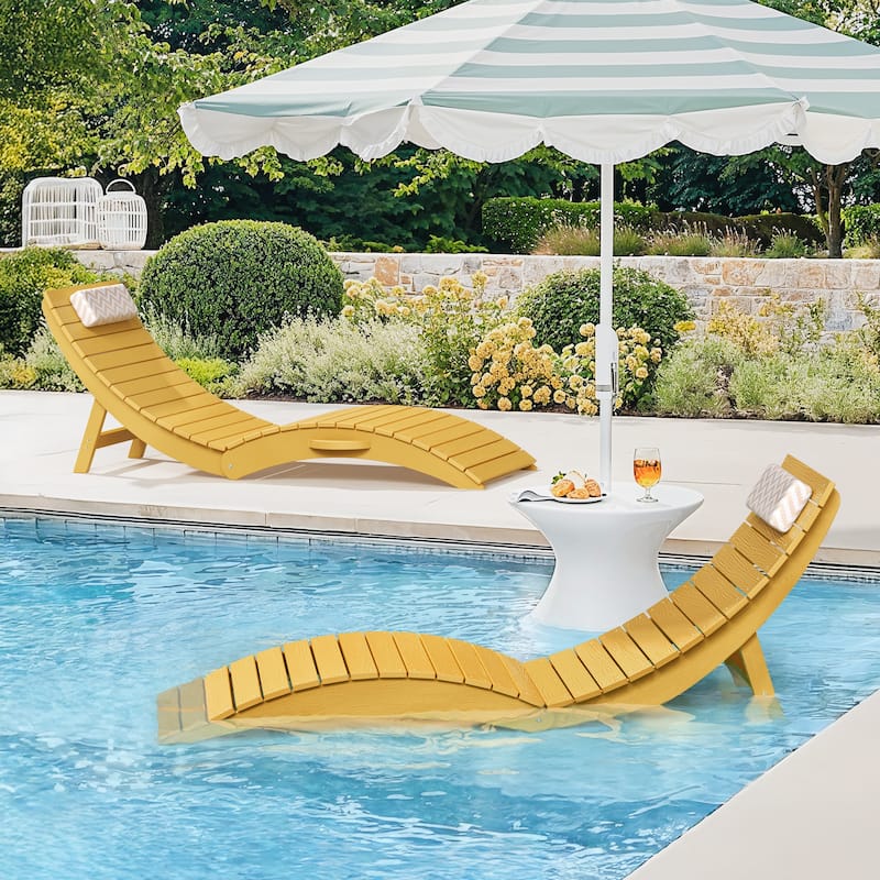 2-Piece Folding HDPS Plastic Outdoor Pool Chaise Lounges with Headrest Cushion - Yellow