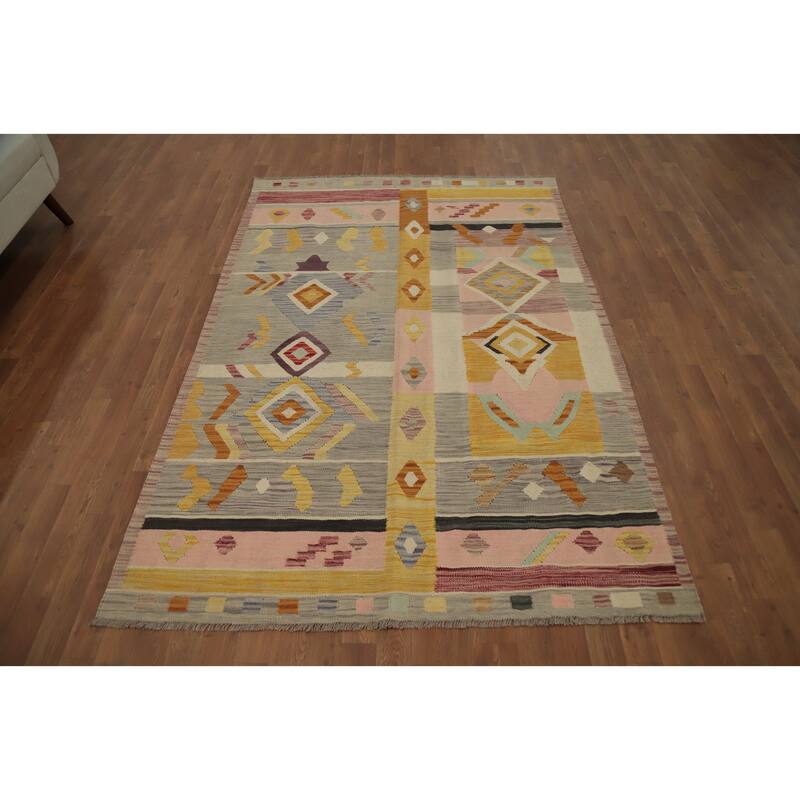 Hand Woven Oriental 100% Wool Carpet Southwestern Tribal Multi-Colored Kilim Area Rug - 7' 5'' X 4' 11''
