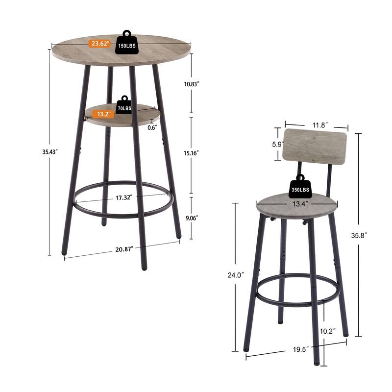 Minimalist Style 3-Piece Dining Table Set with 2 Bar Stools Round Table with Shelves,Grey