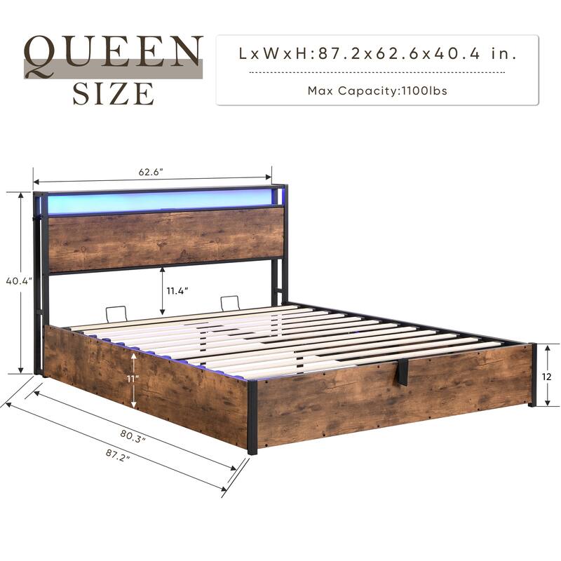 Rustic Brown Queen Size Wooden Platform Bed with Bookcase and LED