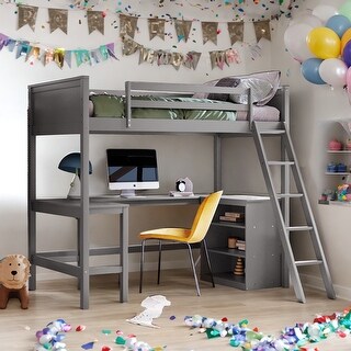 Twin Size Wooden Loft Bed with Ladder, Shelves and Desk, Grey