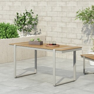 Roomfitters Stylish Outdoor Aluminum Dining Table with Sleek Wood-Look Top, Perfect for Dining and Entertaining Guests