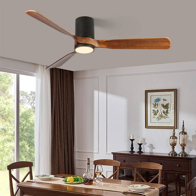 60" LED Flush Mount Ceiling Fan with Wood Blades, 6-Speed DC Remote Control