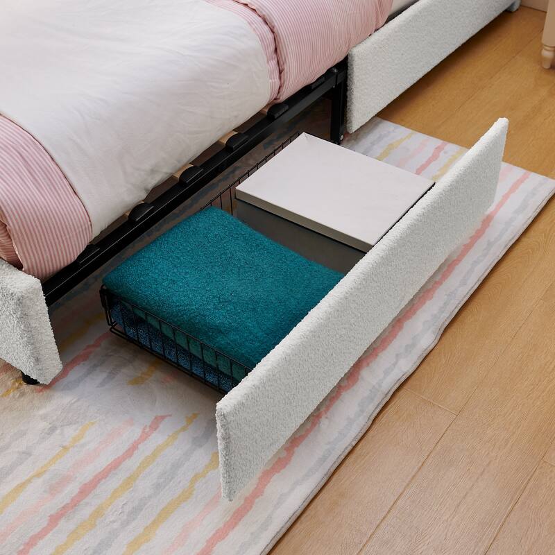 Kids Boucle Upholstered Bed with Rabbit Ear Headboard, LED Music Sync & 4 Drawers