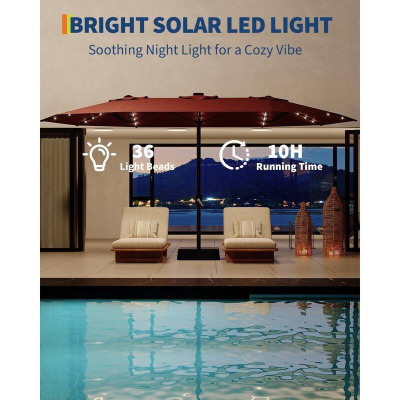 Coromose 15FT Large Patio Umbrella, with Solar Lights, for Deck Poolside Backyard - Wine