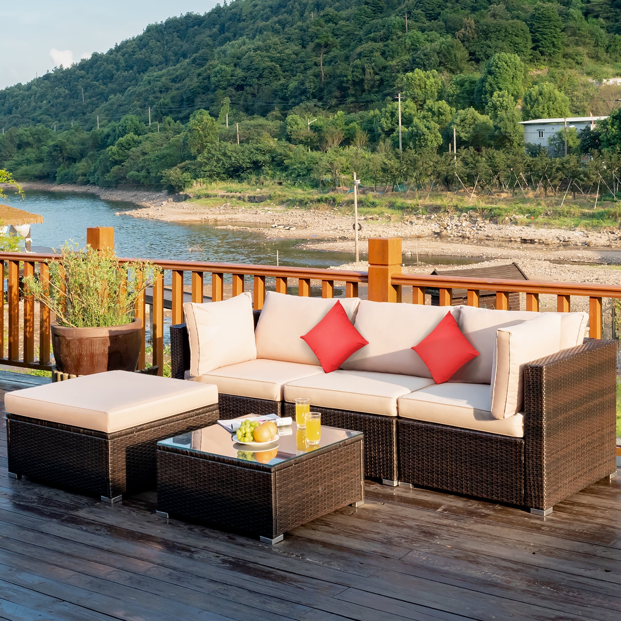 Costway 5PCS Outdoor Patio Rattan Furniture Set Sectional Conversation - See Description