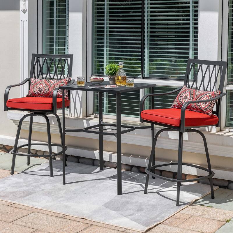 Patio 2-Piece Swivel Bar Stools with Red Cushions, Black