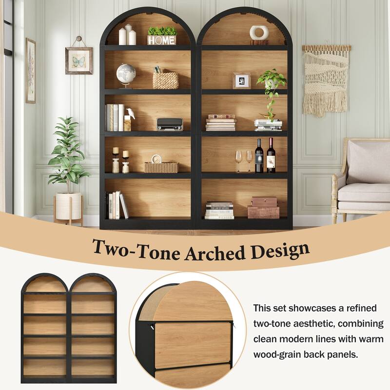 Farmhouse Tall Bookshelves Set of 2, Two Tone Arched Open Bookcase with Fabric Top, 5 Tier Storage Cabinet