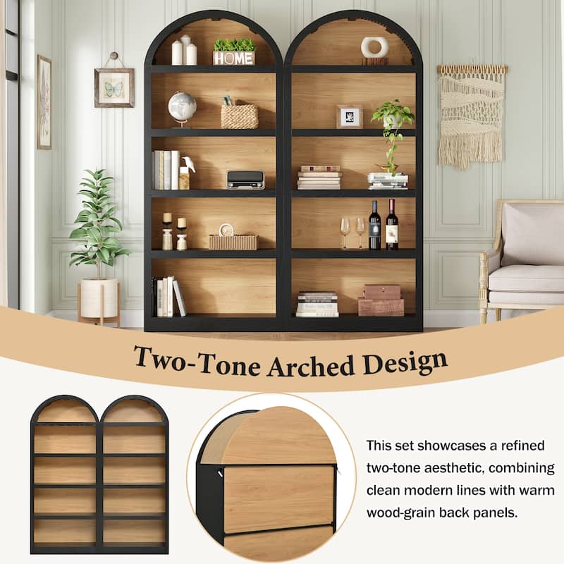 Freestanding Tall Bookshelves Set of 2, Farmhouse Two-Tone Open Storage Cabinet with Fabric Arched Top, 5-Tier Display Bookcase