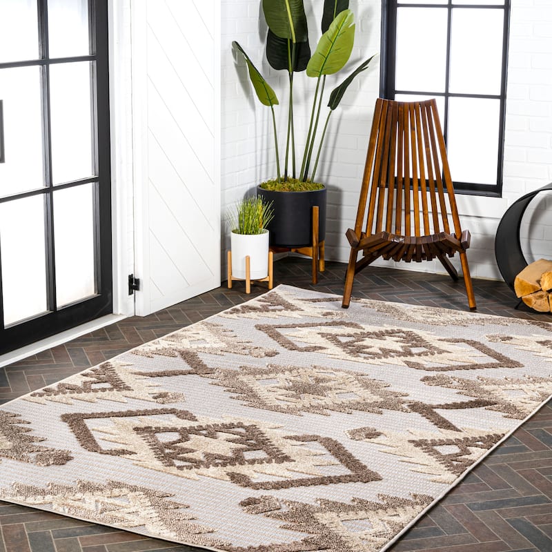 JONATHAN Y Duwun High-Low Pile Neutral Diamond Kilim Indoor/Outdoor Area Rug