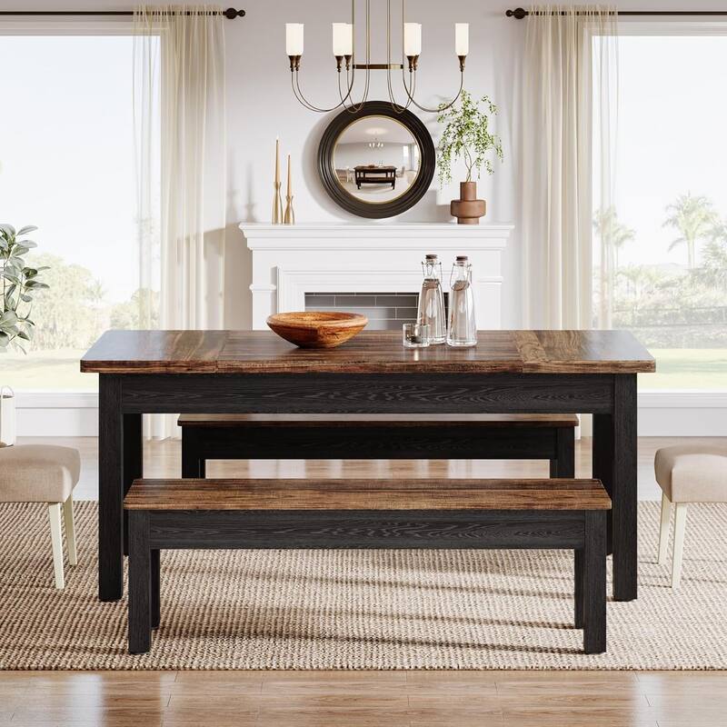 55-Inch Farmhouse Kitchen Table Set, Wood Dining Table with 2 Benches