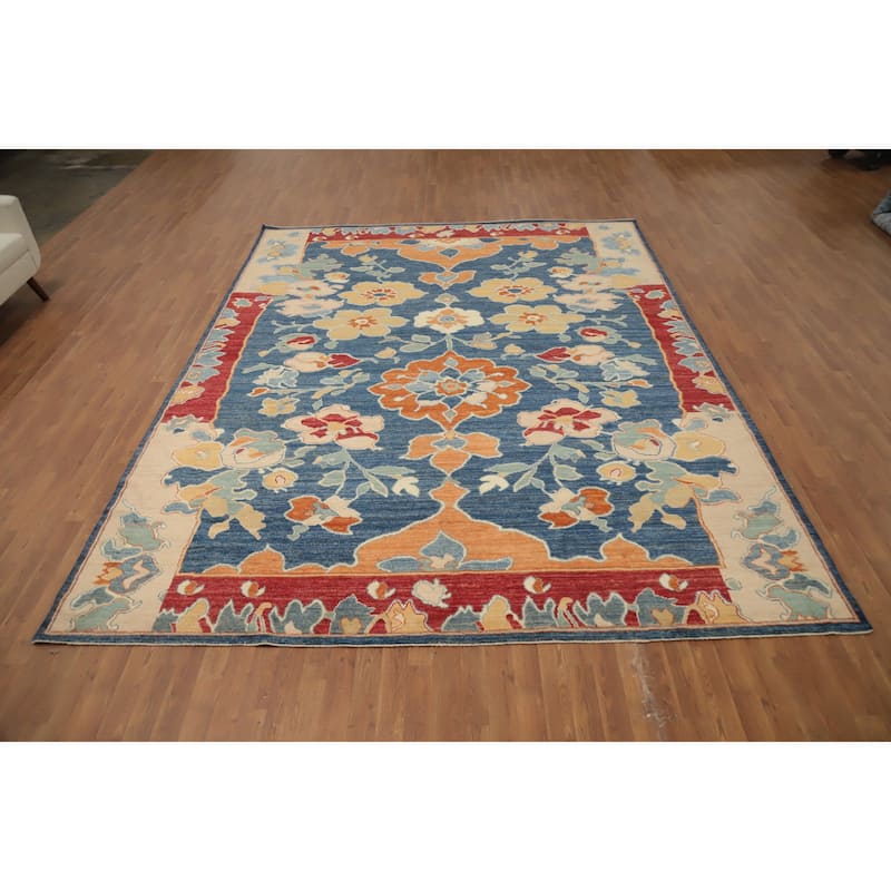Hand Knotted Oriental 100% Wool Carpet Transitional Floral Navy Blue & Blues Oushak Area Rug - 11' 10'' X 9' 2''
