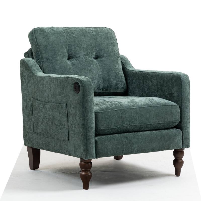 Accent Comfy Chenille Chair w/USB charging port,High-support Sponge,Wide Backrest, Upholstered Arm Chair w/Side Storage