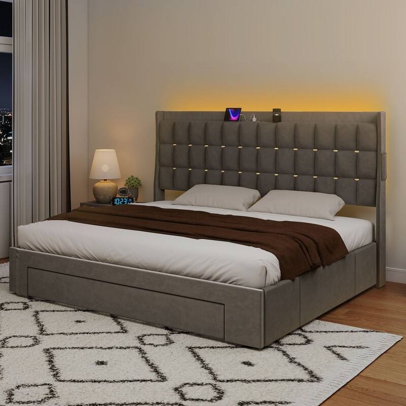 Moasis King Size Velvet Platform Bed with 4 Drawers,Bed Frames with RGB Light & Built-in Charging Station