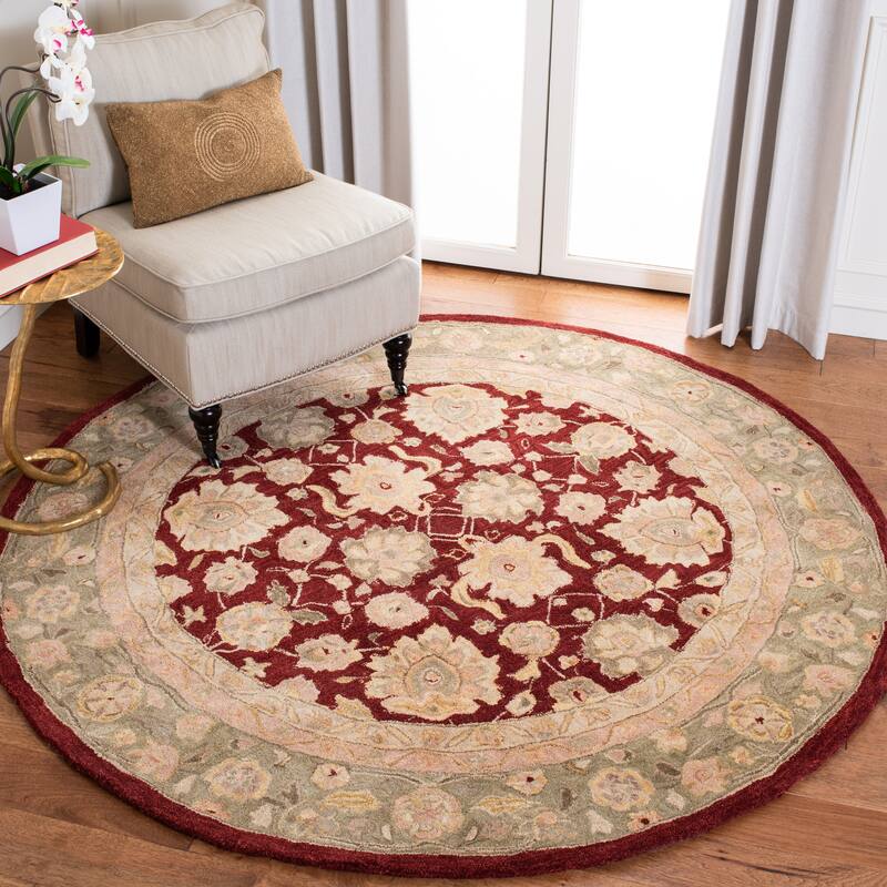 SAFAVIEH Anatolia Karanfila Traditional Oriental Hand-spun Wool Rug - 4' Round - Red/Moss