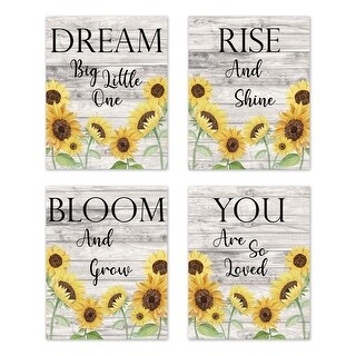 Yellow Boho Floral Sunflower Wall Decor Art Prints (Set of 4) - Farmhouse Wood Grain Rustic Watercolor Flower Vintage Country