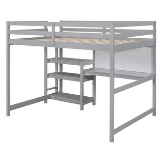 Full Size Wooden Loft Bed with Shelves, Desk & Writing Board, Gray