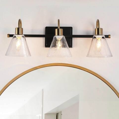 Modern Black Gold 3-Light Bathroom Vanity Light Seeded Glass Cone-Shaped Wall Sconces - L21.5"x W7"x H8"