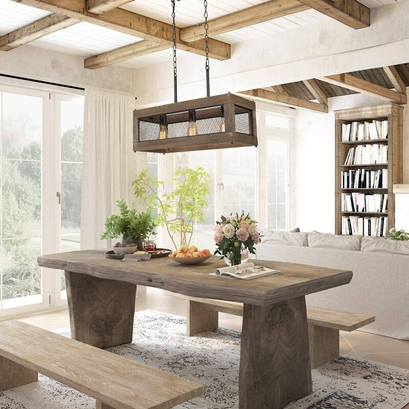 Farmhouse 5-Light Rectangle Wood Chandelier Rustic Island Lights for Dining Kitchen Island